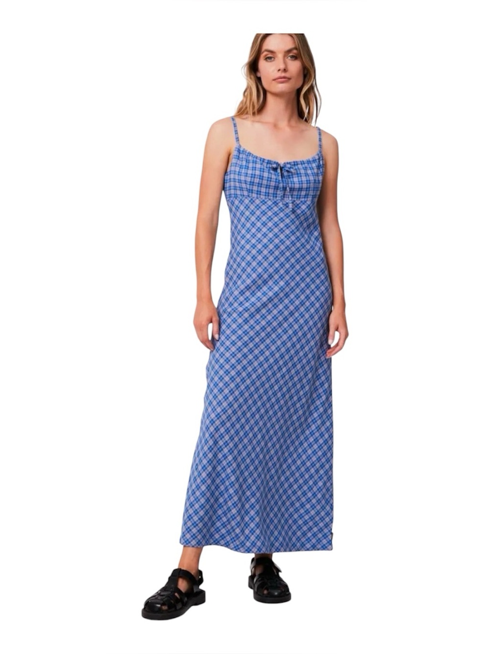 Afends Women’s Porcelain Hemp Check Maxi Dress Electric Blue Size S